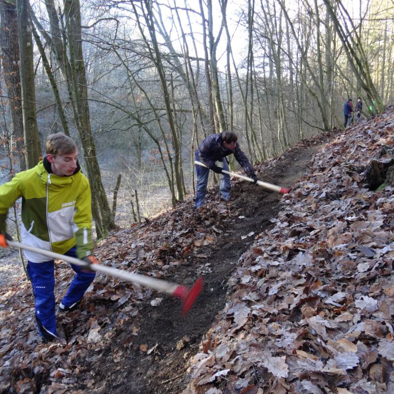 Schüler bauen einen Mountainbiketrail in der Rhön